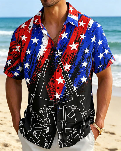 Alohadaddy® American Flag Independence Day Retro Print Short-Sleeve Shirt