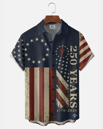 Alohadaddy® U.S. Flag 250th Independence Day Vintage Print Short-Sleeve Shirt