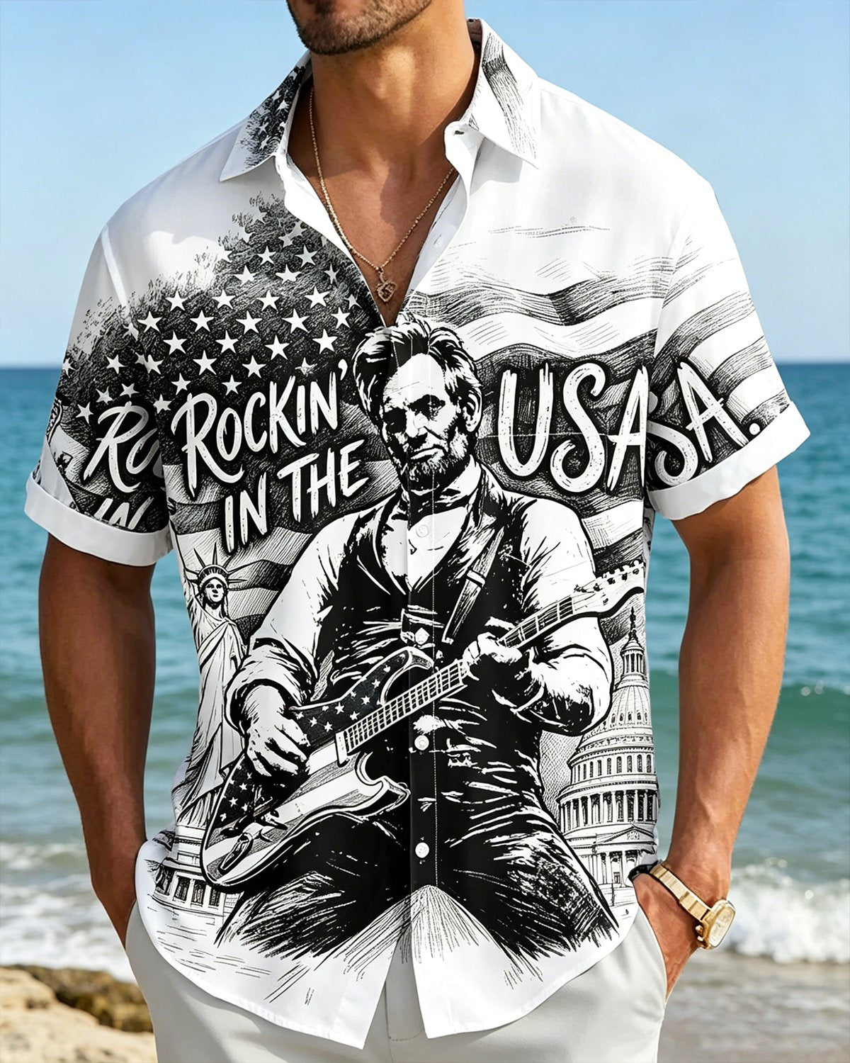 Alohadaddy® U.S. Flag & 250th Independence Day Rock Guitar Print Short-Sleeve Shirt