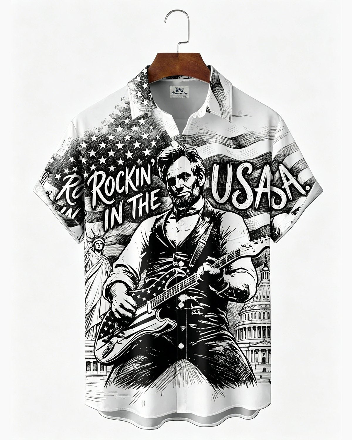 Alohadaddy® U.S. Flag & 250th Independence Day Rock Guitar Print Short-Sleeve Shirt