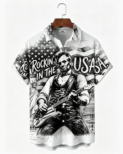 Alohadaddy® U.S. Flag & 250th Independence Day Rock Guitar Print Short-Sleeve Shirt