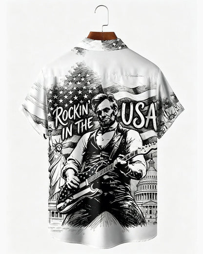 Alohadaddy® U.S. Flag & 250th Independence Day Rock Guitar Print Short-Sleeve Shirt