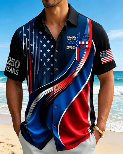 Alohadaddy® Men's Holiday Patriotic Faith American Cross 250 Years Print Retro Button Down Short-Sleesleeved Shirt