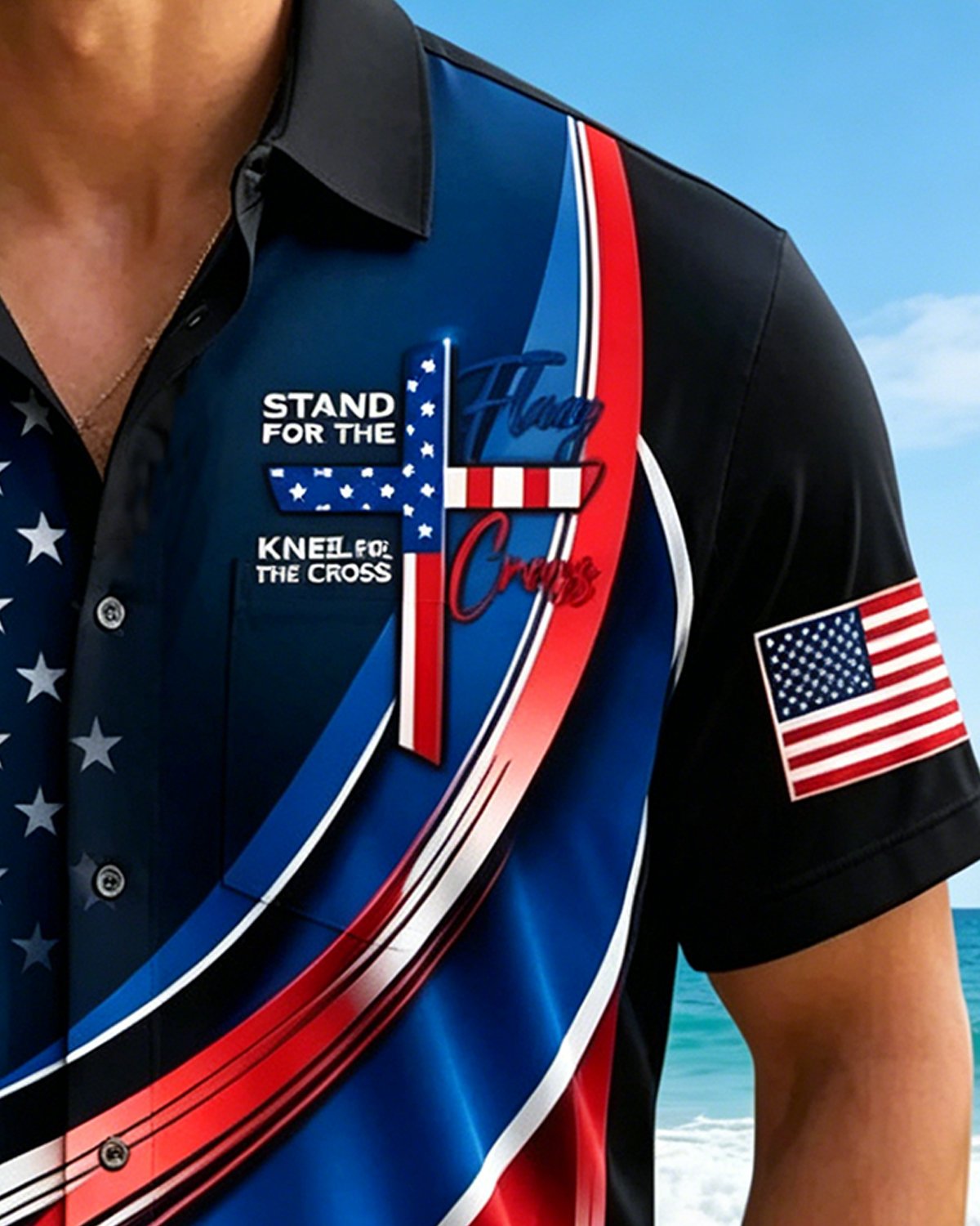 Alohadaddy® Men's Holiday Patriotic Faith American Cross 250 Years Print Retro Button Down Short-Sleesleeved Shirt