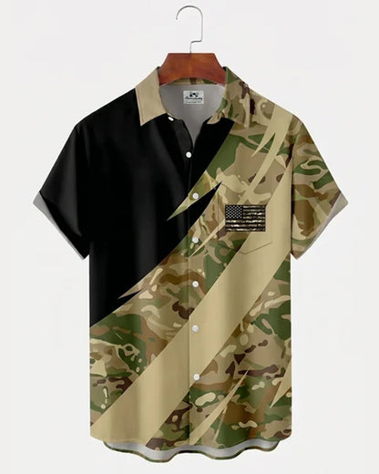 Alohadaddy® Men's Vintage Patriotic American Flag Tactical Camouflage Graphic Military Style Button-Down Pocket Short-Sleeve Shirt
