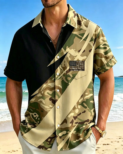 Alohadaddy® Men's Vintage Patriotic American Flag Tactical Camouflage Graphic Military Style Button-Down Pocket Short-Sleeve Shirt