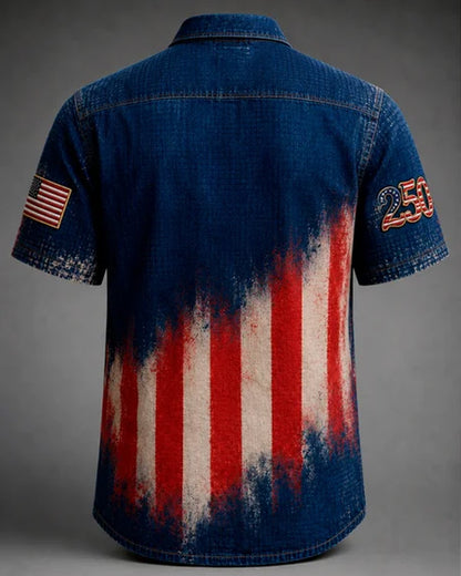 Alohadaddy®Men's Holiday USA 250th Faithful & Free Liberty USA 250th Heritage Christian Patriotism Ethos Print Retro Button Down Short-Sleeve Shirt