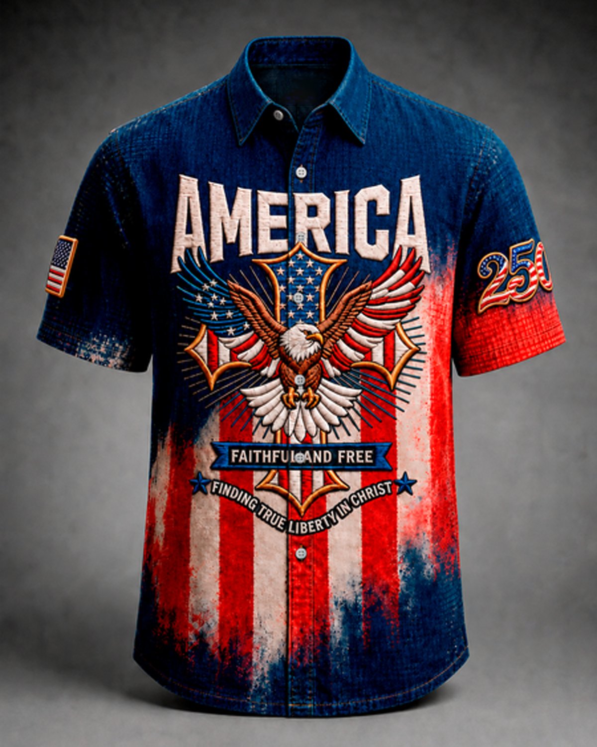 Alohadaddy®Men's Holiday USA 250th Faithful & Free Liberty USA 250th Heritage Christian Patriotism Ethos Print Retro Button Down Short-Sleeve Shirt