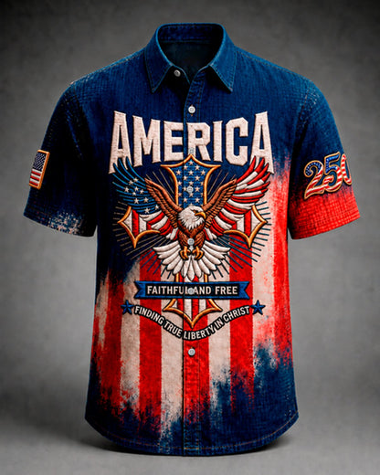 Alohadaddy®Men's Holiday USA 250th Faithful & Free Liberty USA 250th Heritage Christian Patriotism Ethos Print Retro Button Down Short-Sleeve Shirt