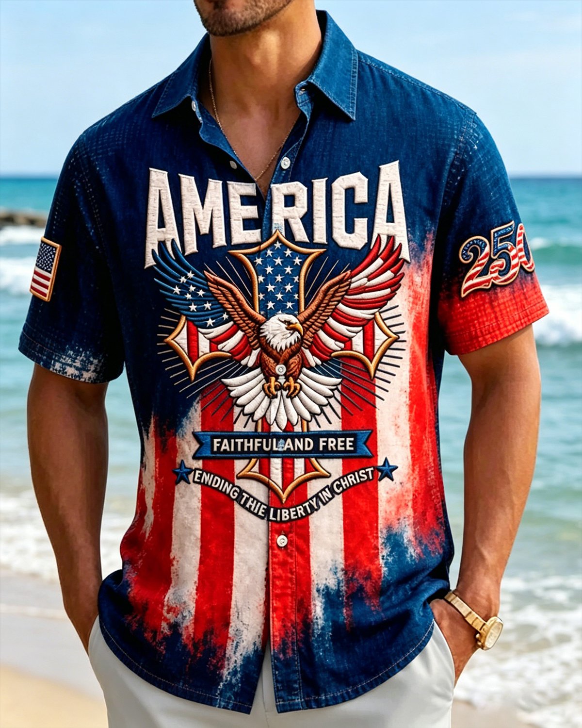 Alohadaddy®Men's Holiday USA 250th Faithful & Free Liberty USA 250th Heritage Christian Patriotism Ethos Print Retro Button Down Short-Sleeve Shirt