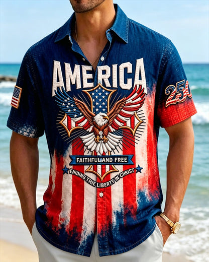 Alohadaddy®Men's Holiday USA 250th Faithful & Free Liberty USA 250th Heritage Christian Patriotism Ethos Print Retro Button Down Short-Sleeve Shirt