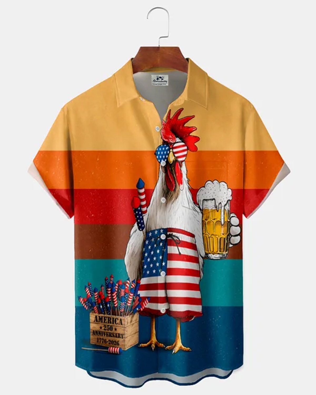 Alohadaddy® Vintage Rooster Beer Cartoon Flag Print Short-Sleeve Shirt