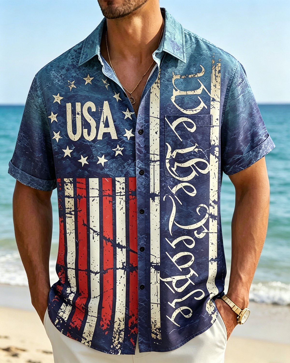 Alohadaddy® U.S. Independence Day Holiday Print Short-Sleeve Pocket Shirt