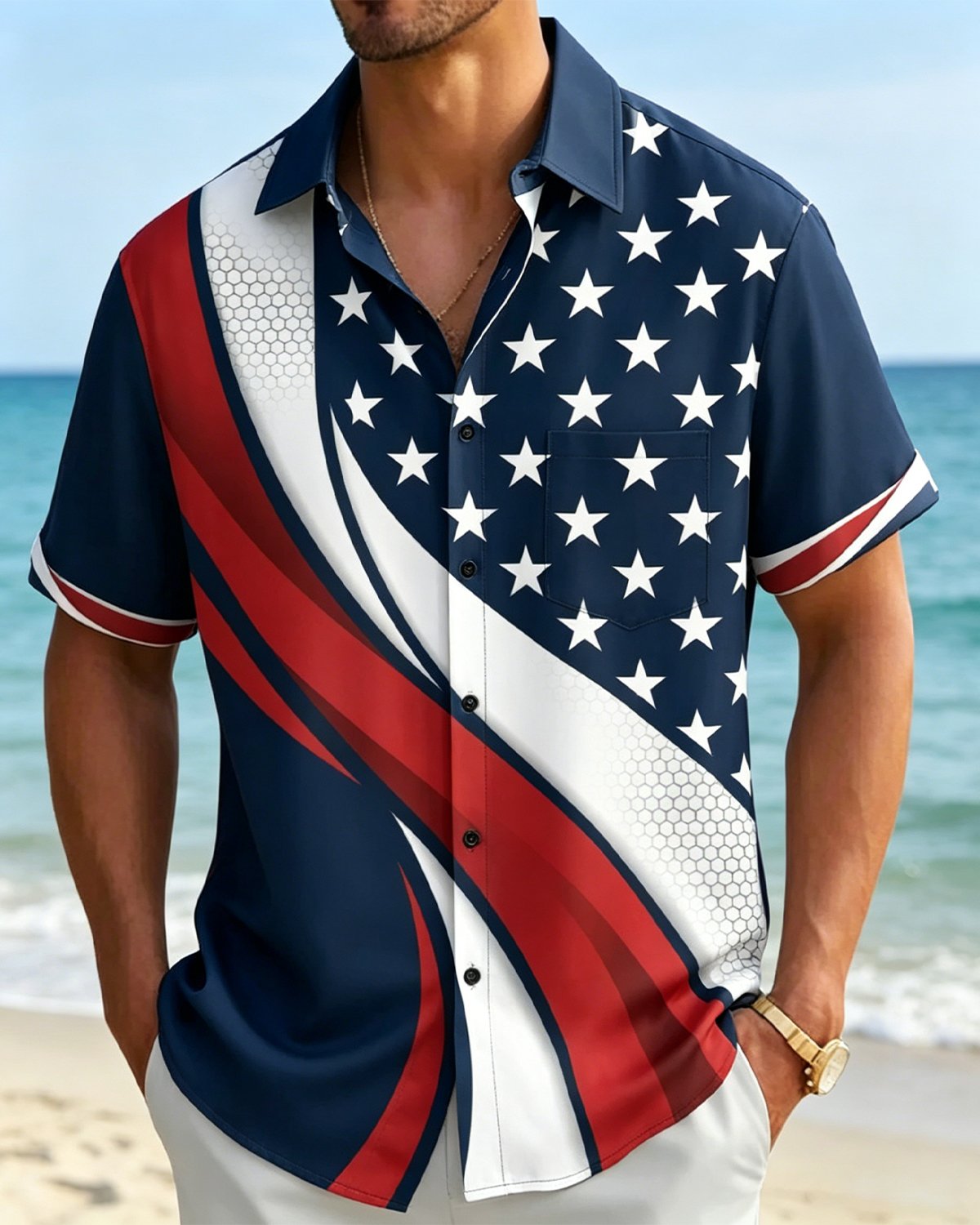 Alohadaddy® American Independence Day Flag Striped Five-Pointed Star Print Short-Sleeve Shirt with Pockets