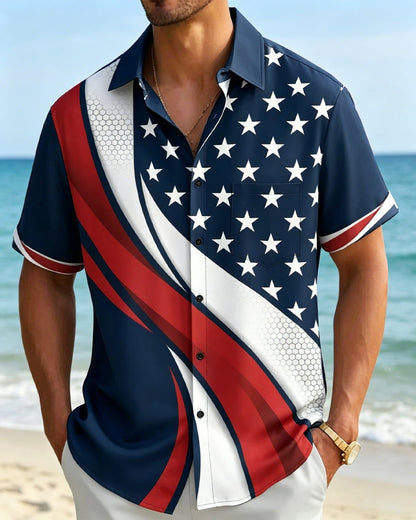 Alohadaddy® American Independence Day Flag Striped Five-Pointed Star Print Short-Sleeve Shirt with Pockets