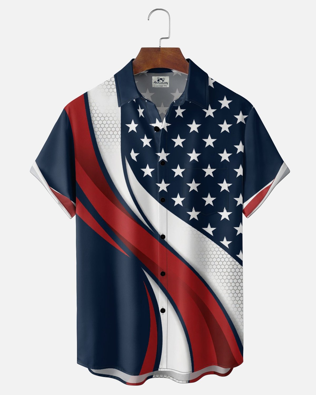 Alohadaddy® American Independence Day Flag Striped Five-Pointed Star Print Short-Sleeve Shirt with Pockets