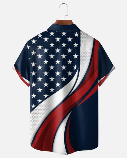 Alohadaddy® American Independence Day Flag Striped Five-Pointed Star Print Short-Sleeve Shirt with Pockets