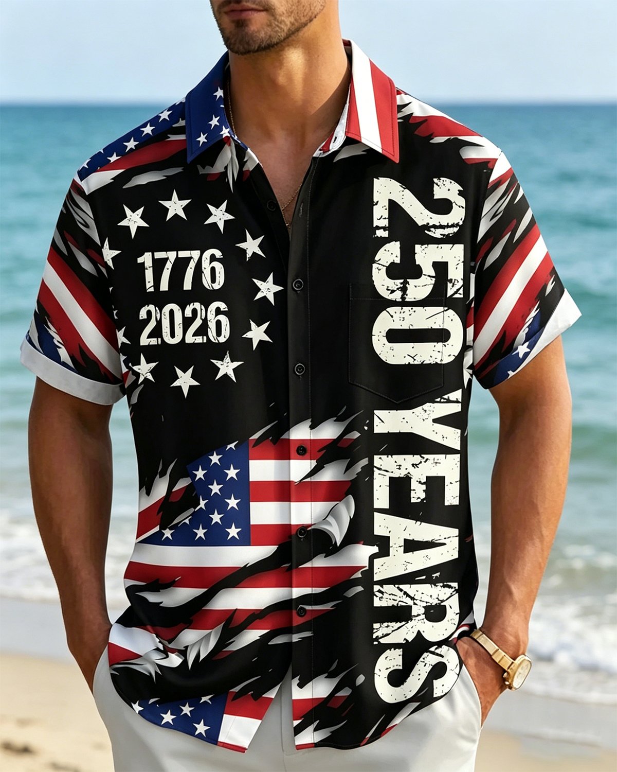 Alohadaddy® U.S. Independence Day Flag Print Short-Sleeve Pocket Shirt