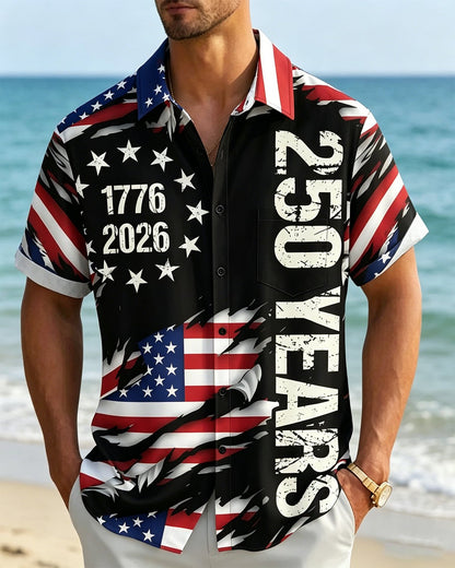 Alohadaddy® U.S. Independence Day Flag Print Short-Sleeve Pocket Shirt