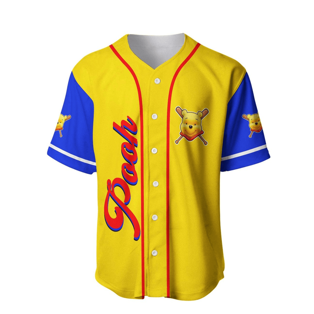 Winnie the Pooh Baseball Jersey Holding Honey Jar Winnie the Pooh Jersey Shirt Blue Yellow Unisex Adult