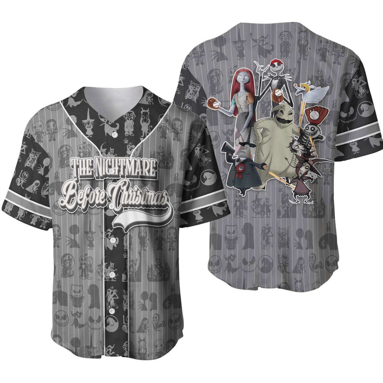 Tnbc Baseball Jersey Nightmares Characters Pattern Jersey Shirt Black Gray Unisex Adult
