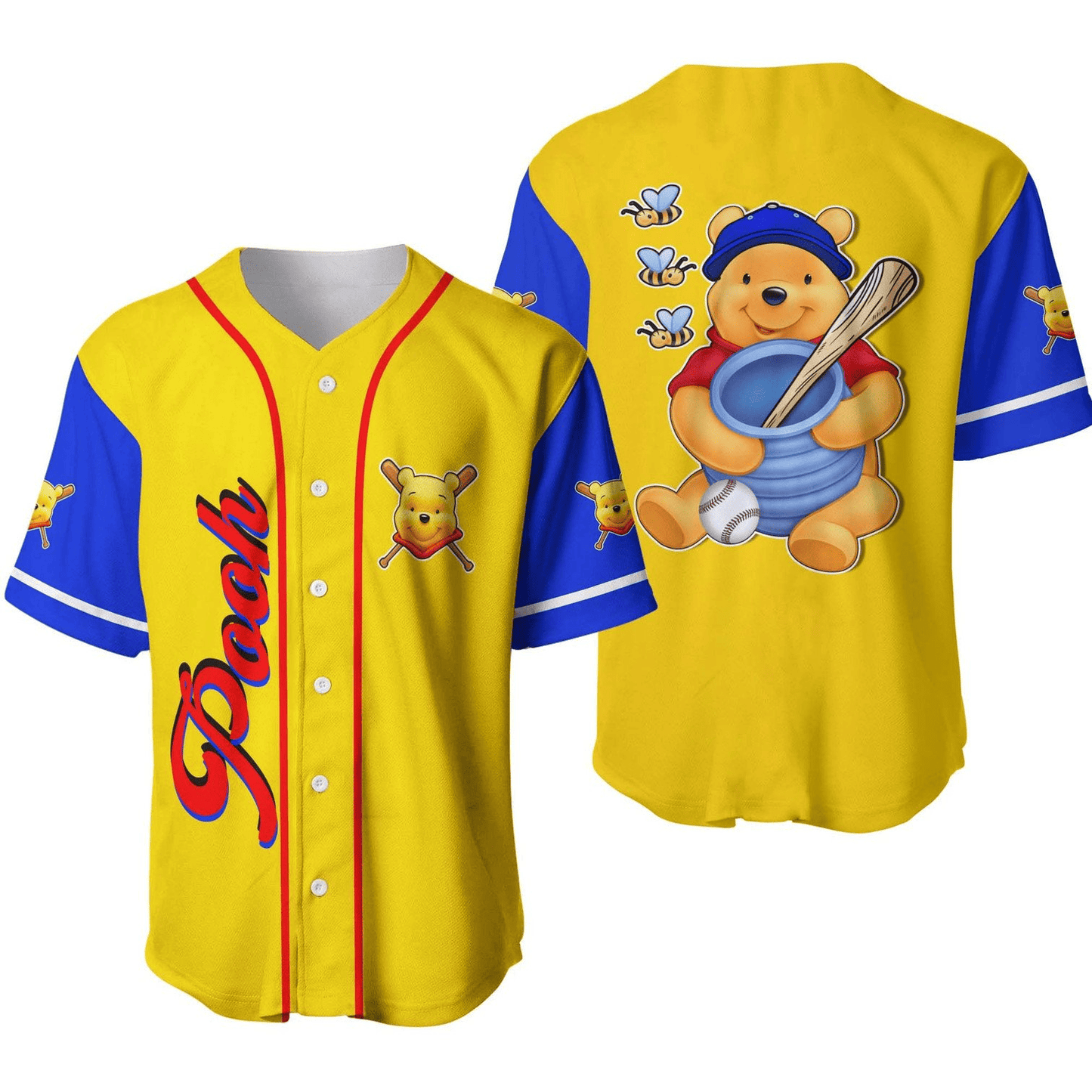 Winnie the Pooh Baseball Jersey Holding Honey Jar Winnie the Pooh Jersey Shirt Blue Yellow Unisex Adult