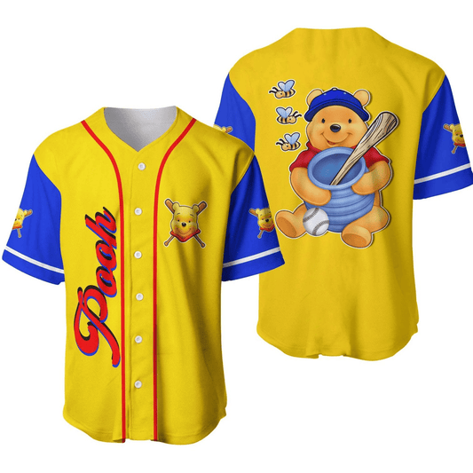 Winnie the Pooh Baseball Jersey Holding Honey Jar Winnie the Pooh Jersey Shirt Blue Yellow Unisex Adult