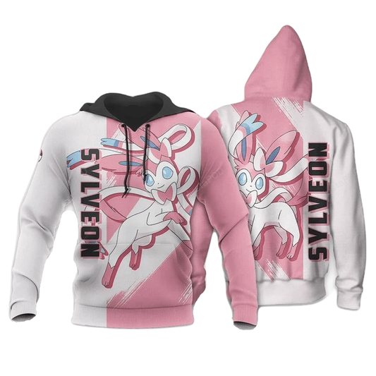 Pokemon Hoodie Pokemon Fairy-Type Sylveon Graphic Hoodie Pink White Unisex - Cozy Hoodie For Cold Weather