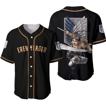Attack on Titan Baseball Jersey Eren Yeager Attack on Titan Jersey Shirt Black Unisex Adult New Release
