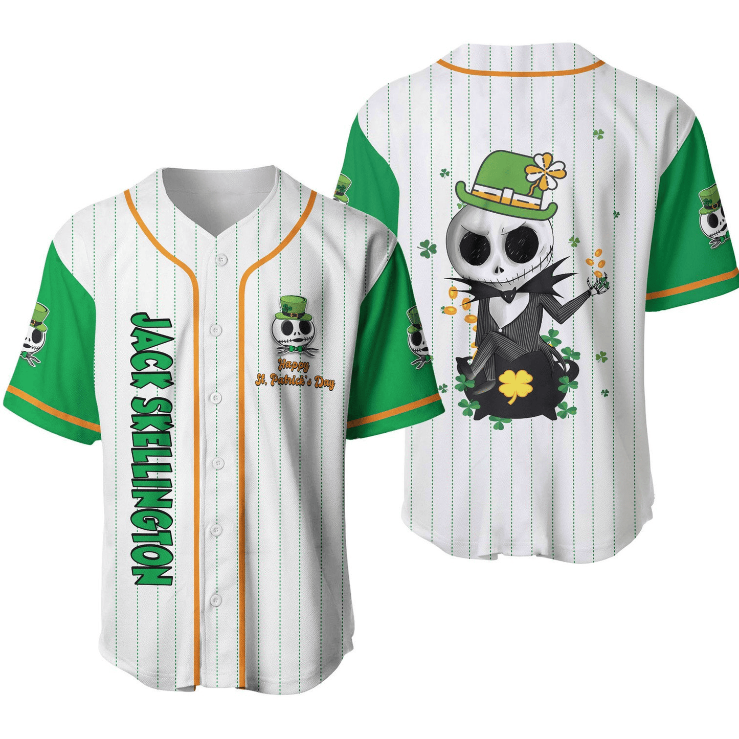 Tnbc Baseball Jersey Patrick's Day Jack Skellington Jersey Shirt White Green Unisex Adult