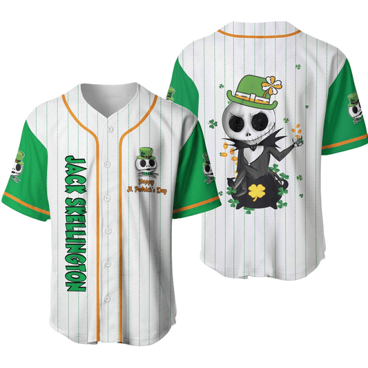 Tnbc Baseball Jersey Patrick's Day Jack Skellington Jersey Shirt White Green Unisex Adult