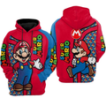 Super Mario Hoodie Head Pattern Red Blue All Over Print Pullover Sweatshirt