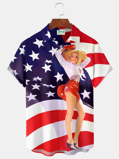 Alohadaddy® Vintage Flag Girl Print Men's Casual Stylish Button Pocket Hawaiian Summer Shirts Short Sleeve Shirt Big Tall