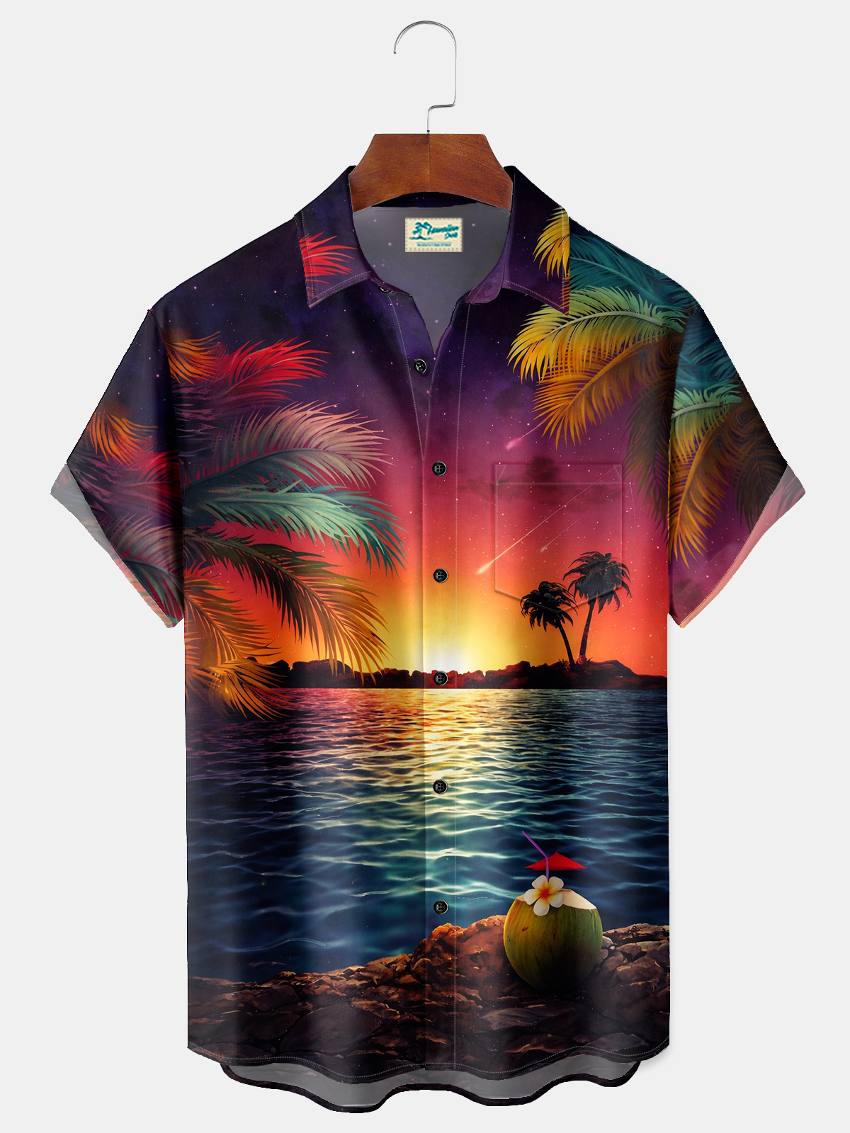 Alohadaddy® Men's Tropic Gradient Art Sunset Palm Tree Print Retro Short-Sleeve Shirt Big & Tall