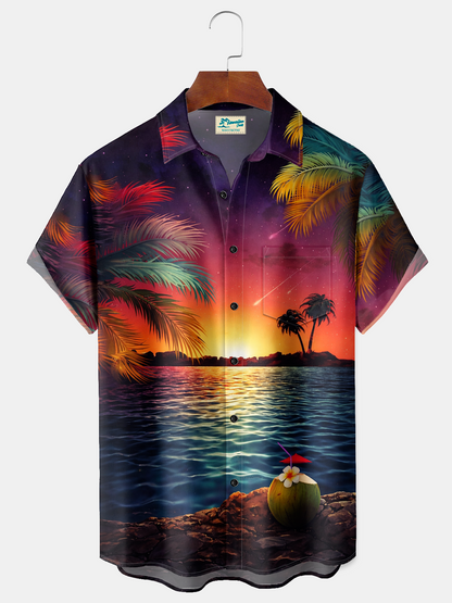 Alohadaddy® Men's Tropic Gradient Art Sunset Palm Tree Print Retro Short-Sleeve Shirt Big & Tall
