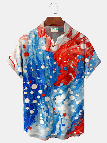 Alohadaddy® Men's Holiday Abstract Art Red Blue Flag Distorted Gradient Gold Foil Print Retro Short-Sleeve Shirt Big & Tall