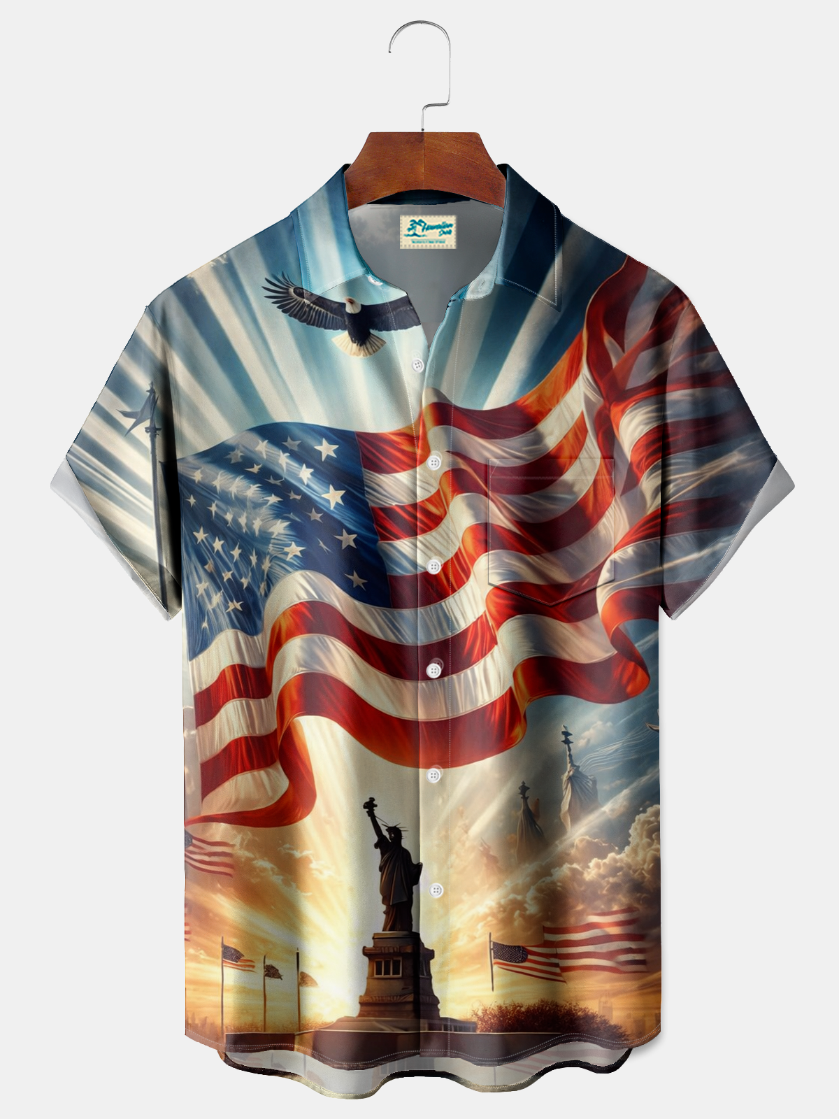 Alohadaddy® Men's Holiday Patriotic 250th Anniversary Liberty Bell Flag Eagle Fireworks Gradient Art Print Retro Short-Sleeve Shirt Big & Tall