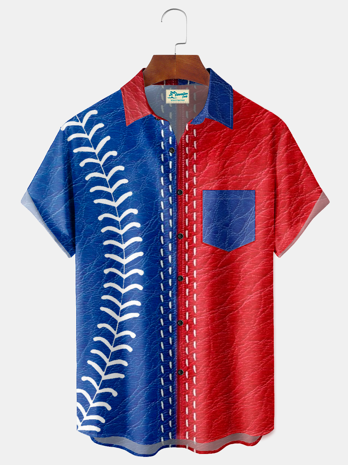 Alohadaddy® Men's Holiday Patriotic 250th Anniversary USA Flag Baseball Stitching Faux Leather Texture Print Retro Short-Sleeve Shirt Big & Tall