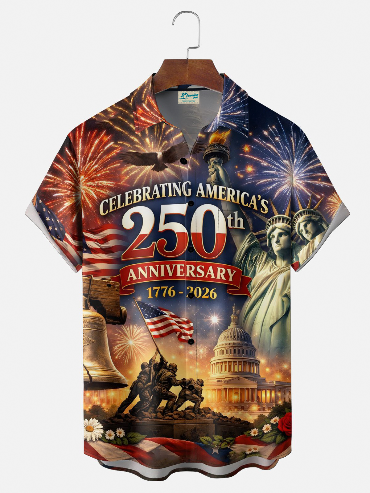 Alohadaddy® Men's Holiday 250th Anniversary Fireworks Patriotic Celebration Retro Print Shirt Button Down Short-Sleeve Big & Tall