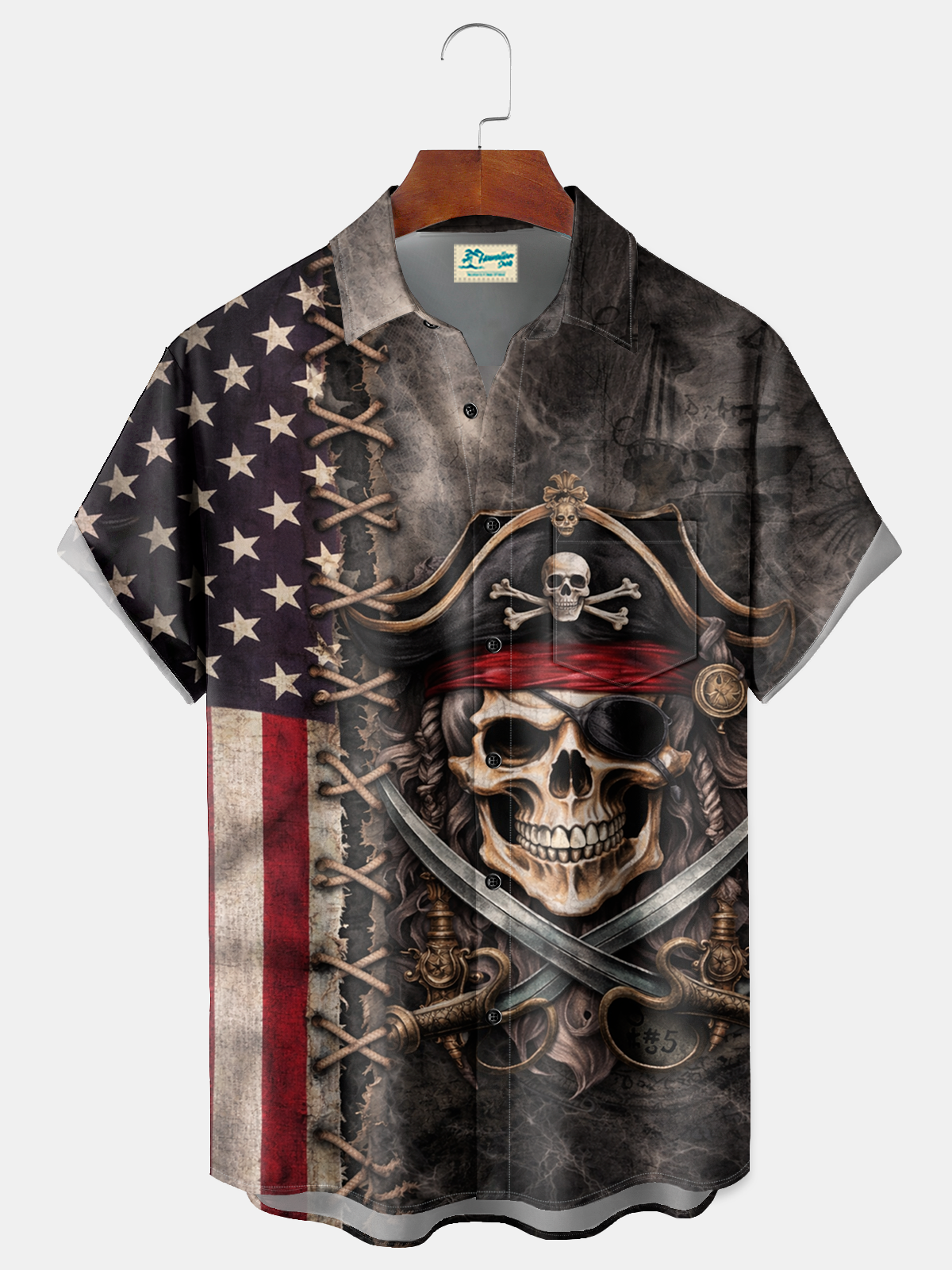 Alohadaddy® Men's Vintage Patriotic Pirate Skull Retro Print American Flag Shirt Button Down Short-Sleeve Big & Tall