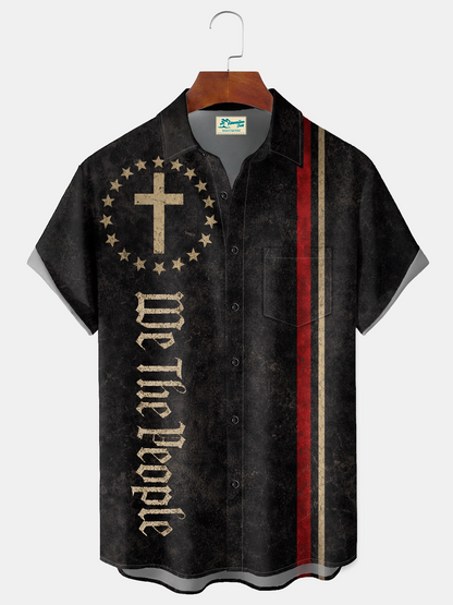 Alohadaddy® Men's Holiday Patriotic Cross We The People Christian Stars Stripes Grunge Retro Print Button Down Short-Sleeve Big & Tall