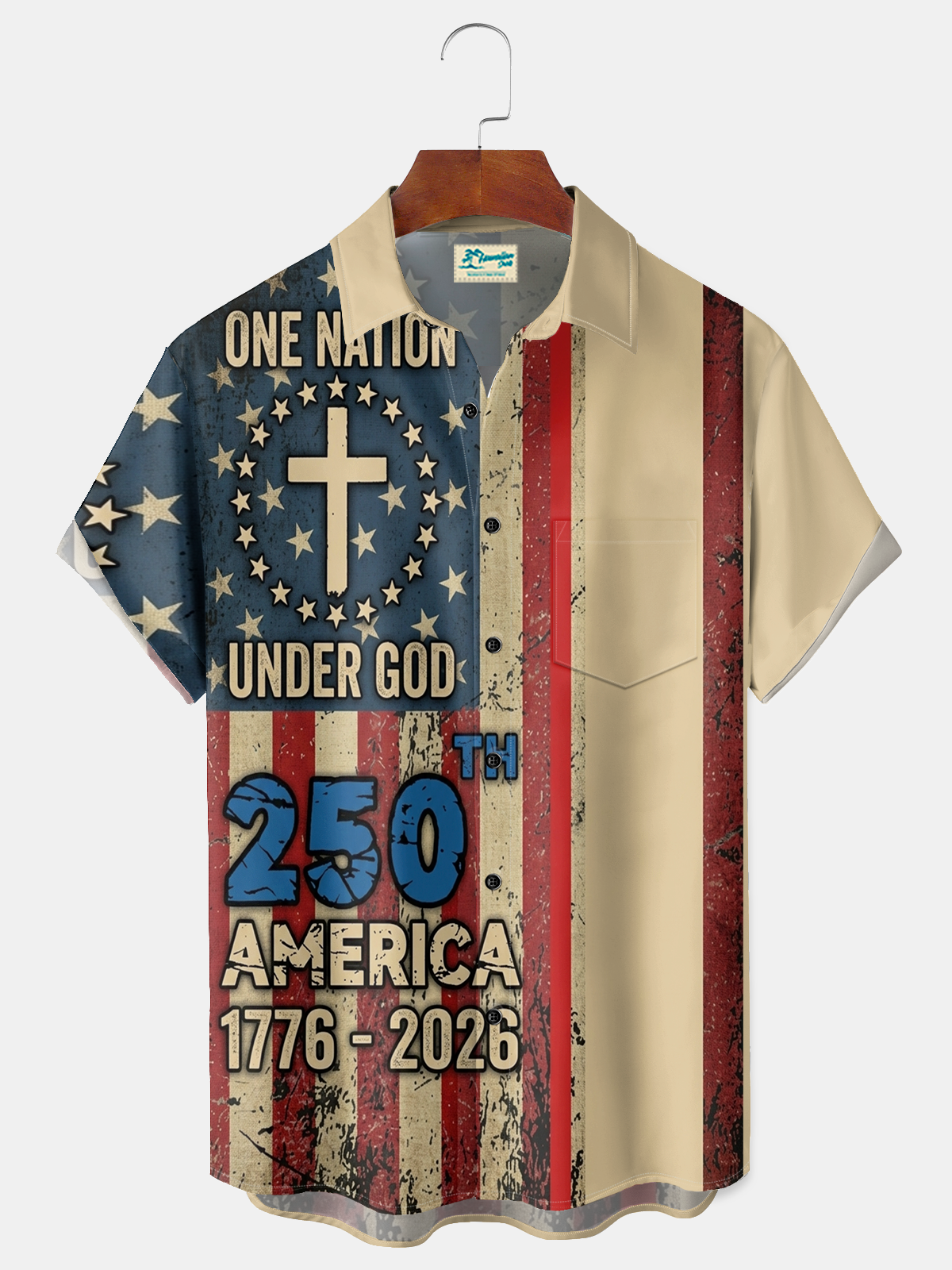 Alohadaddy® Men's Holiday Patriotic One Nation Under God 250th Anniversary 1776-2026 Christian Cross Retro Print Button Down Short-Sleeve Big & Tall