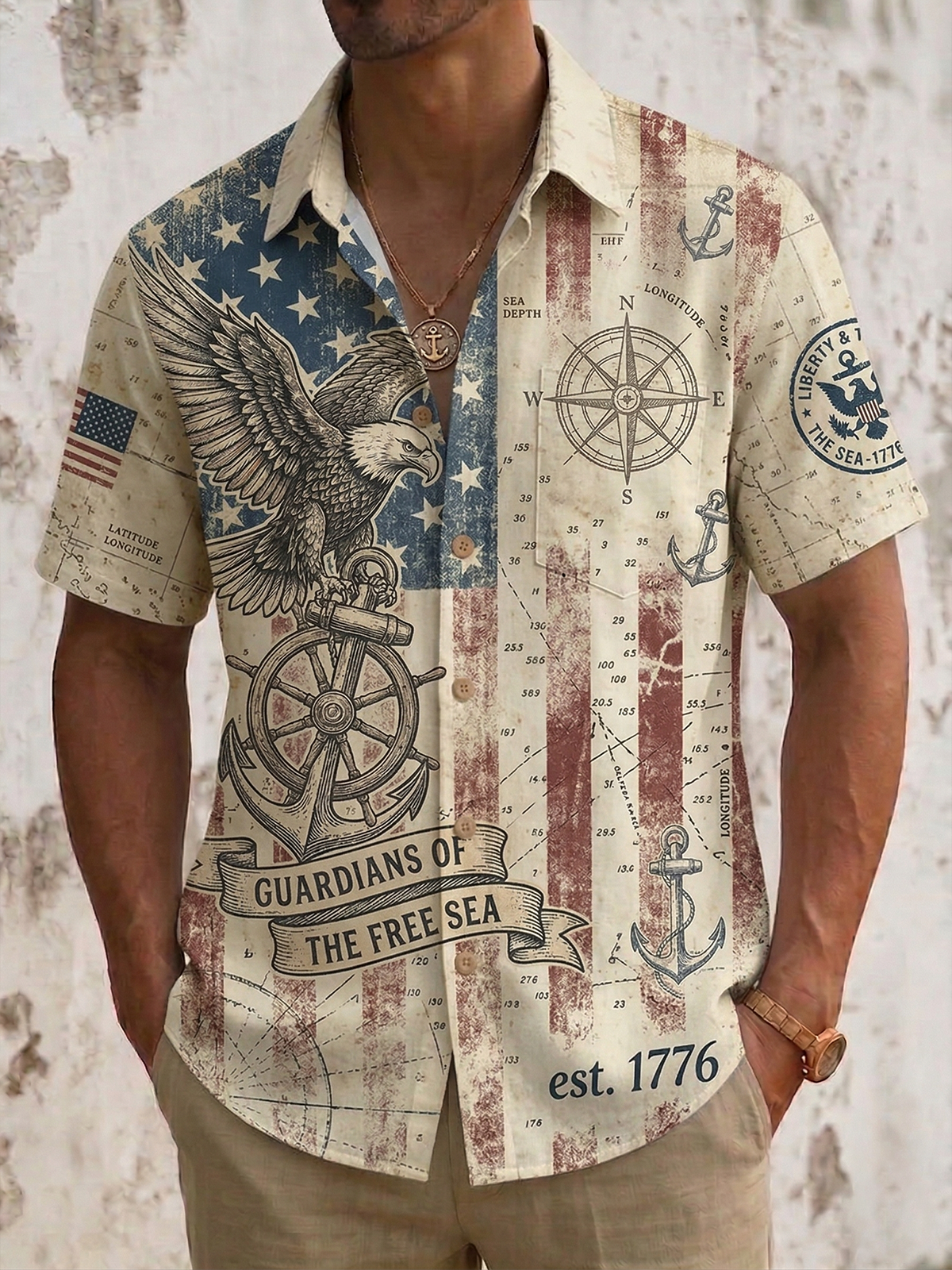 Alohadaddy® Men's Holiday USA 250th Anniversary & Vintage Nautical Graphic Patriotic Eagle Retro Print Button Down Short-Sleeve Big & Tall