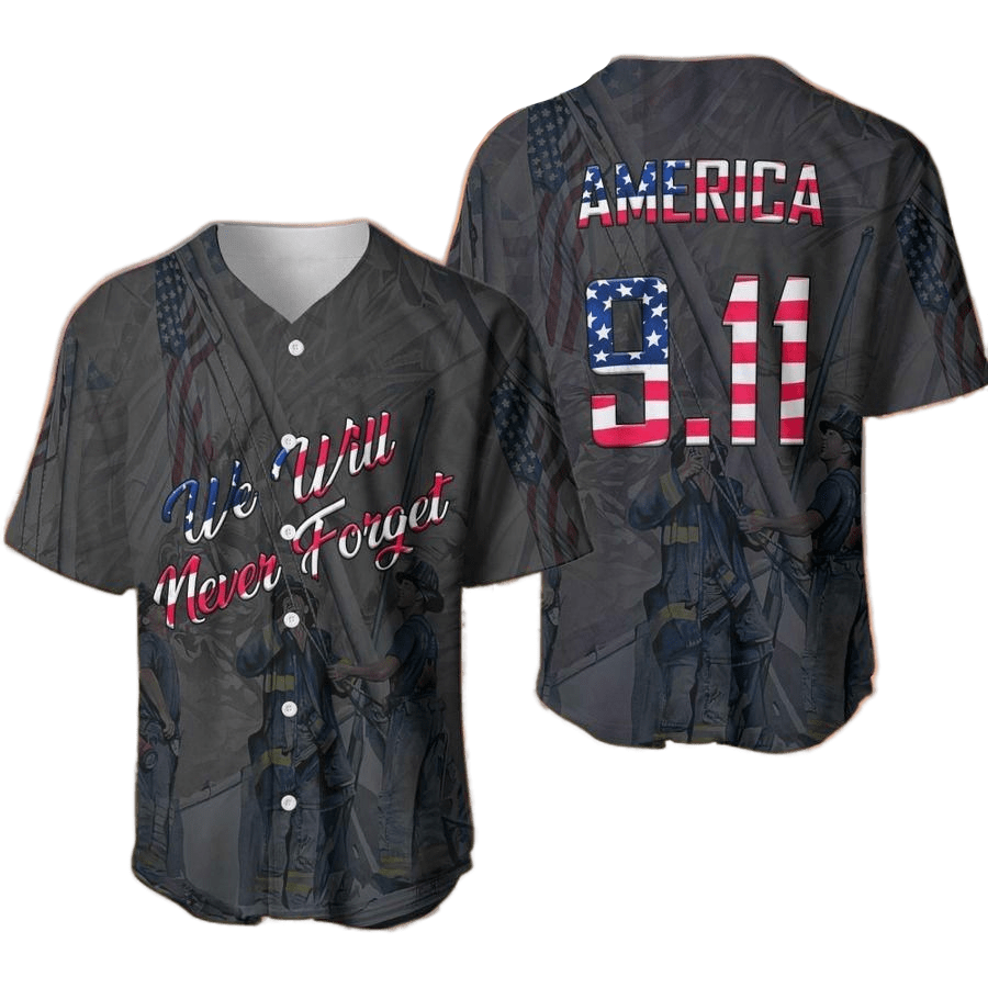Patriot Day Jersey We Will Never Forget America 9-11 Grey Jersey Shirt for Men Women September 11th Baseball