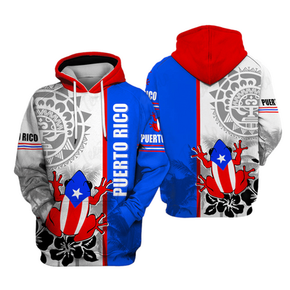 Puerto Rico Hoodie Puerto Rico Flag Frog Pattern Hoodie White Unisex - Cozy Hoodie For Cold Weather