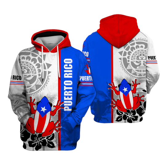 Puerto Rico Hoodie Puerto Rico Flag Frog Pattern Hoodie White Unisex - Cozy Hoodie For Cold Weather