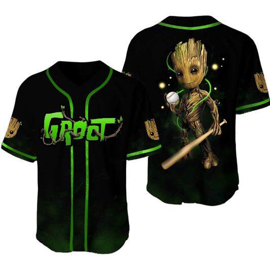 Marvel Jersey Marvel Guardian of the Galaxy Baseball Player Groot Graphic Black Green Jersey Shirt Groot Baseball...