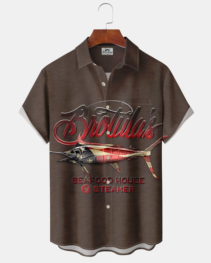 Alohadaddy® Men's Short-Sleeve Button-Down Shirt – Vintage Fish Print with Pocket