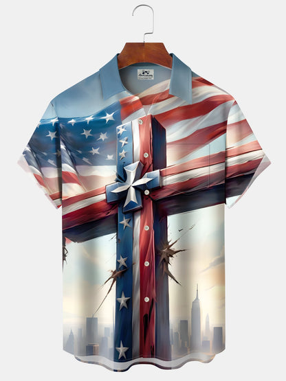 Alohadaddy Holiday Collection American Flag Cross Print Art Button Pocket Cardigan Stretch Oversized Short Sleeve Shirt