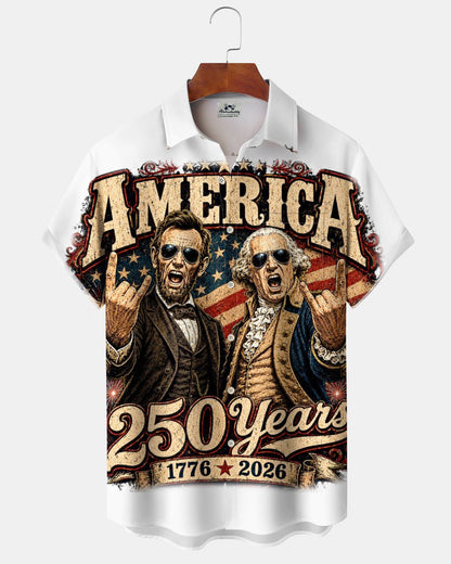 Alohadaddy® Retro Men's Short-Sleeve Cardigan Shirt  USA 250th Anniversary Commemorative Print Art Button-Front with Pockets